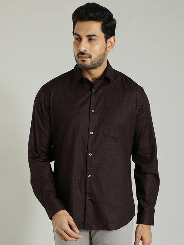 Indian Terrain Men's Slim Fit Full Sleeve All Over Print Dark Brown Shirt